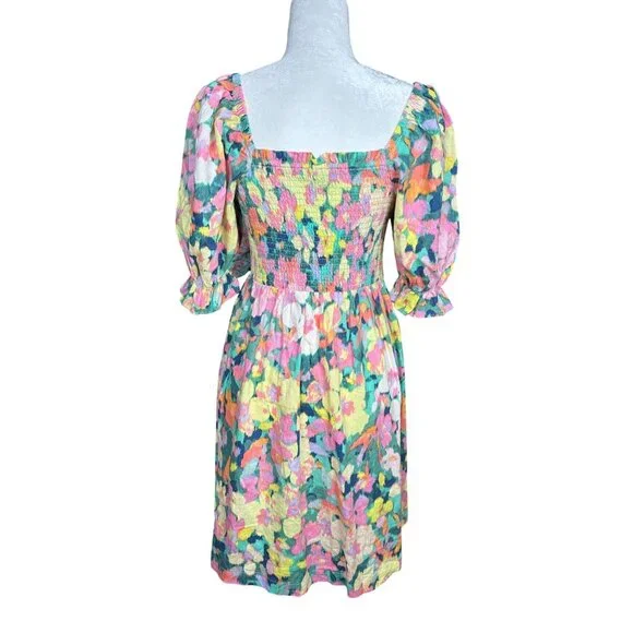 GAP Floral Smocked Dress Medium‎ Linen Cotton Puff Sleeve Colorful Party Cottage - Picture 9 of 13